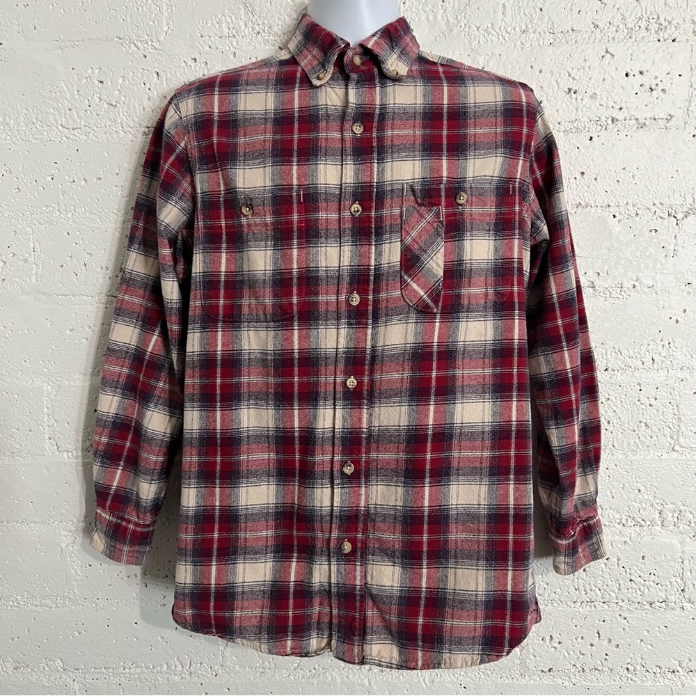 Backpacker Mens Casual Button Down Shirt S Red Blue Flannel Pockets Long Sleeve